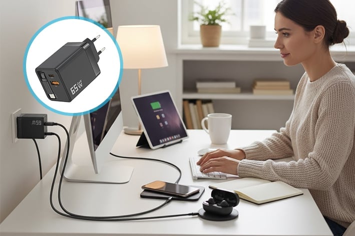 VaraLiving™ 65W GaN Sisäänvedettävä Pikalaturi (3-in-1 Monitoimilaturi)