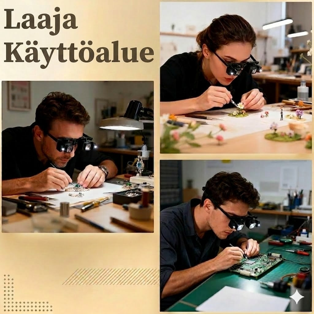 Tarkkuussuurennuslasi LED-valolla (handsfree, vaihtolinssit)