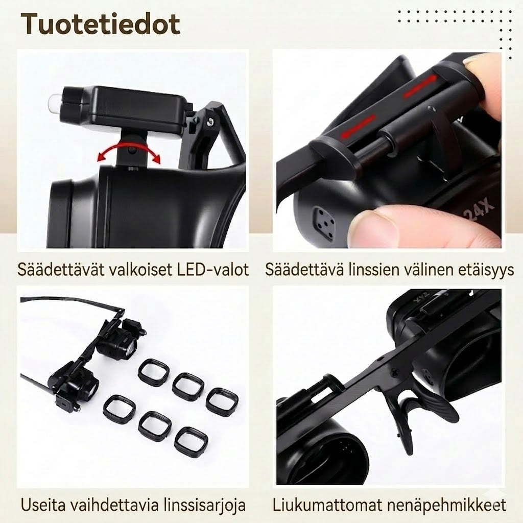 Tarkkuussuurennuslasi LED-valolla (handsfree, vaihtolinssit)