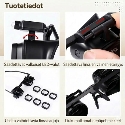 Tarkkuussuurennuslasi LED-valolla (handsfree, vaihtolinssit)