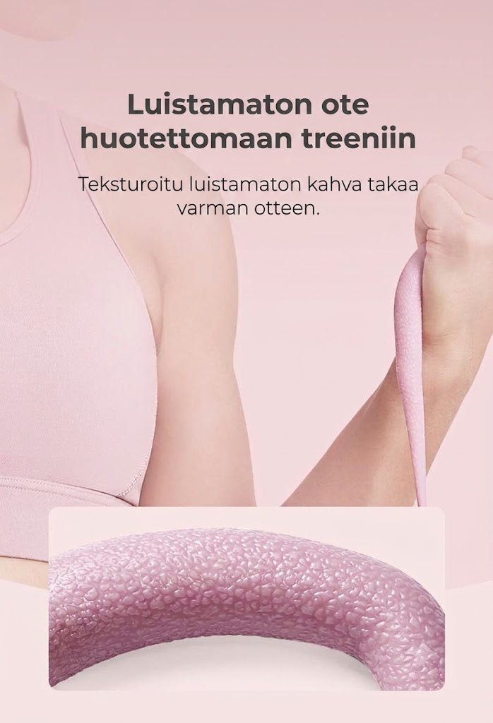 Treenaa koko keho missä vain. Kahdeksikon muotoinen vastuskumi sopii käsivarsille rinnalle selälle ja keskivartalolle. Helppo käyttää kotona ja matkalla.