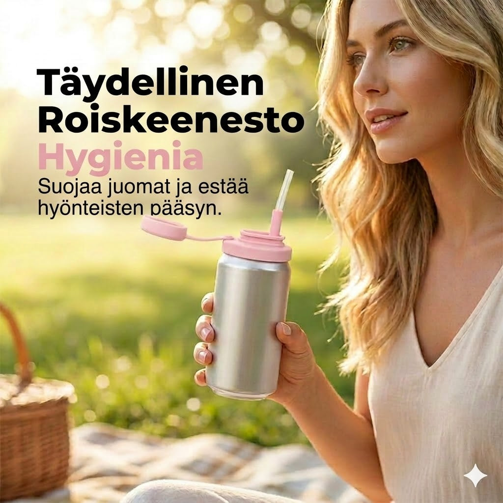 Vedenpitävä silikonikansi pillireiällä virvoitusjuomatölkeille