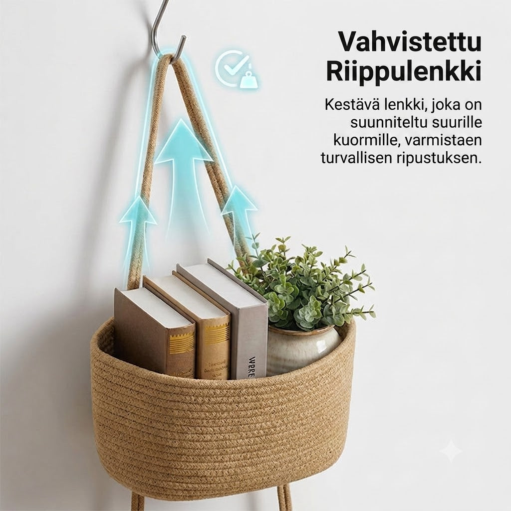 Kolmitasoinen seinähylly köysillä – Boheemi ja tilaa säästävä sisustushylly