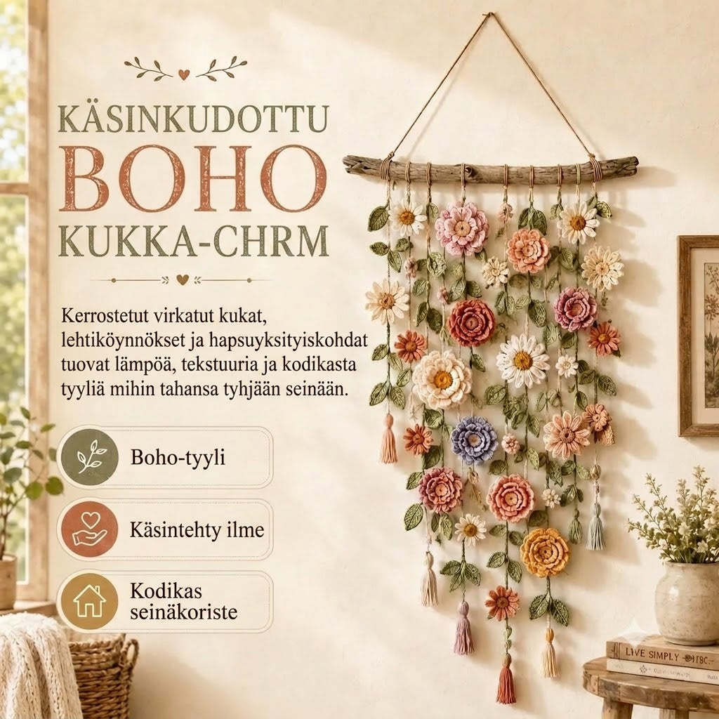 Käsinvirkattu Kukka Seinätekstiili Boho Olohuoneeseen ja Makuuhuoneeseen