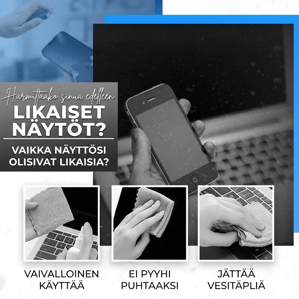 Kannettava ja uudelleenkäytettävä 2-in-1-näytönpuhdistin mikrokuituliinalla