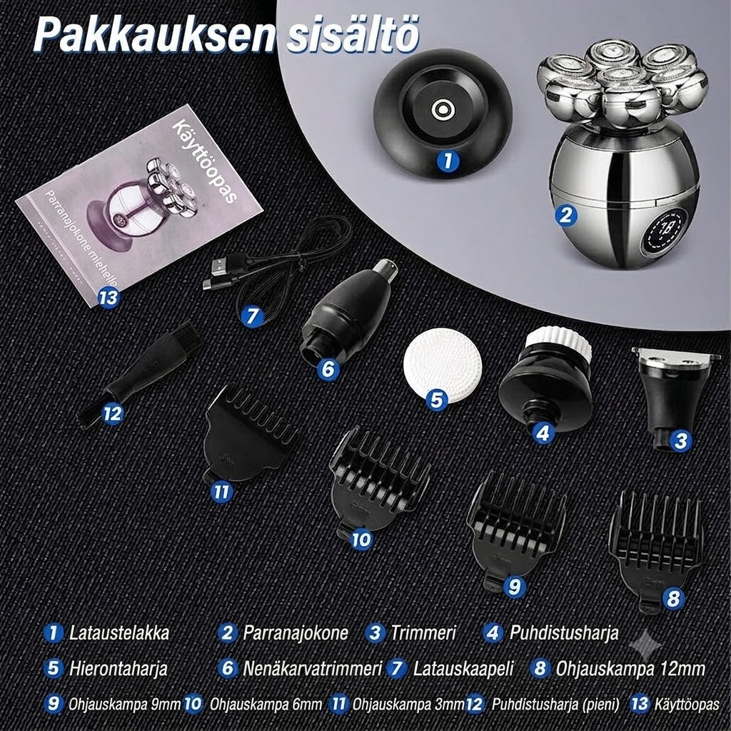 Vexton™ Pro 7D pyörivä partakonesetti 5-in-1 – Langaton parranajokone märkä- ja kuivajoon