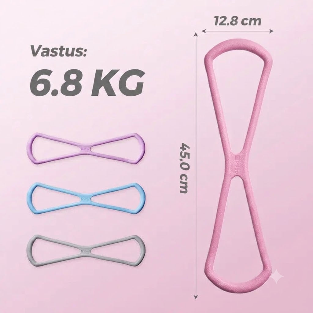 Treenaa koko keho missä vain. Kahdeksikon muotoinen vastuskumi sopii käsivarsille rinnalle selälle ja keskivartalolle. Helppo käyttää kotona ja matkalla.