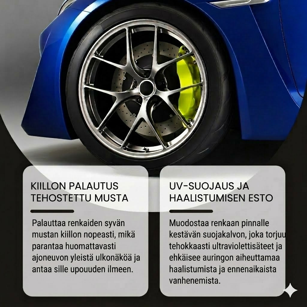 Premium-renkaankiilloke & hoitovaha – palauttaa renkaiden syvän mustan sävyn
