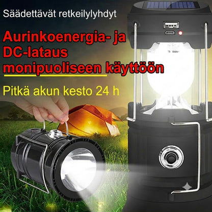 Aurinkokennokäyttöinen ulosvedettävä retkivalaisin – Monitoiminen lyhty ja taskulamppu
