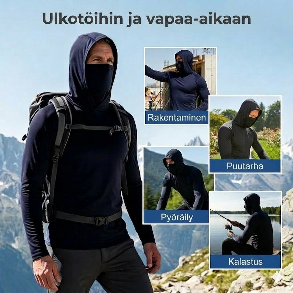 UV-suojattu aurinkosuojahuppari kasvomaskilla