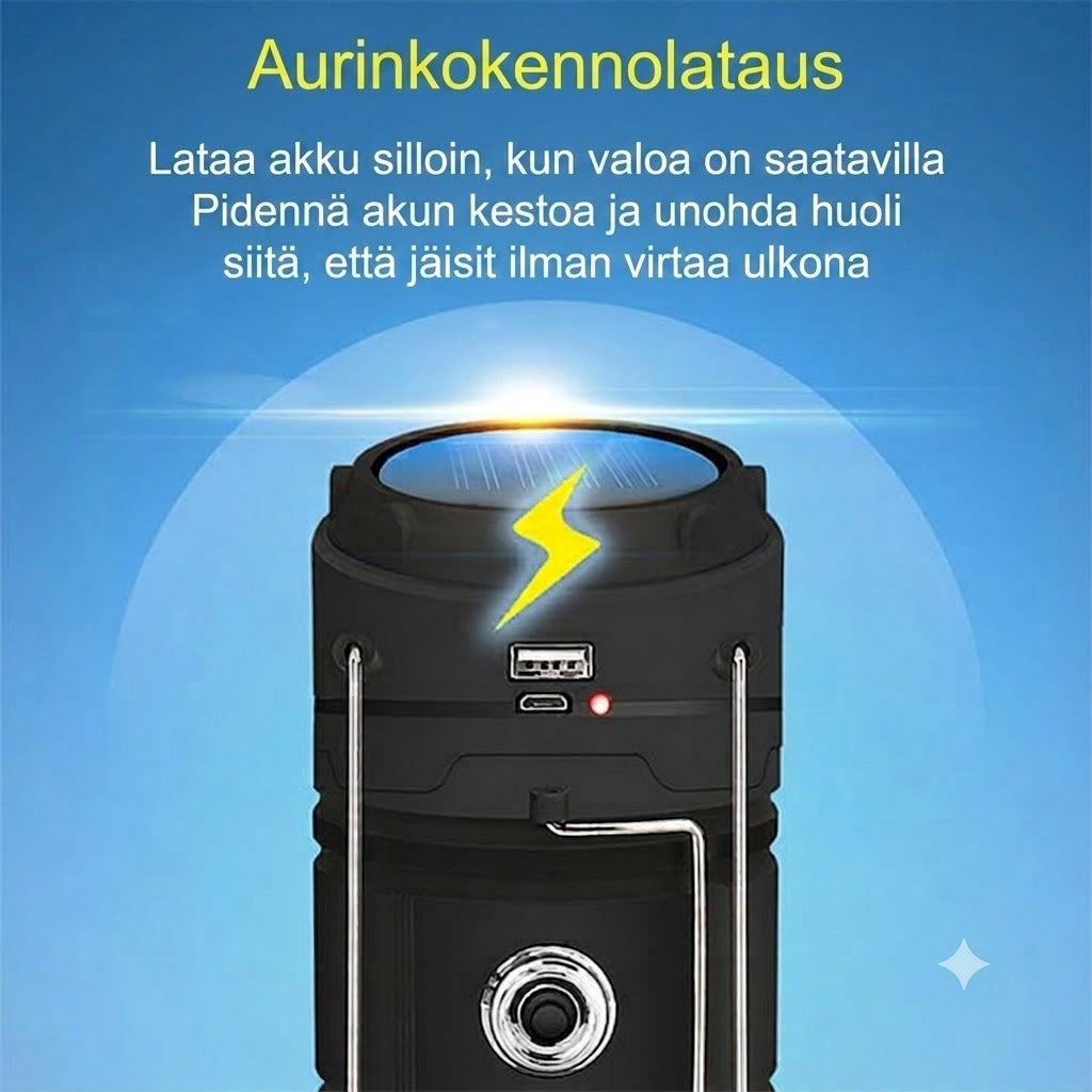 Aurinkokennokäyttöinen ulosvedettävä retkivalaisin – Monitoiminen lyhty ja taskulamppu