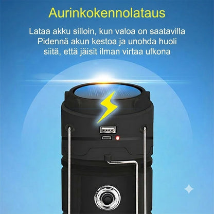 Aurinkokennokäyttöinen ulosvedettävä retkivalaisin – Monitoiminen lyhty ja taskulamppu