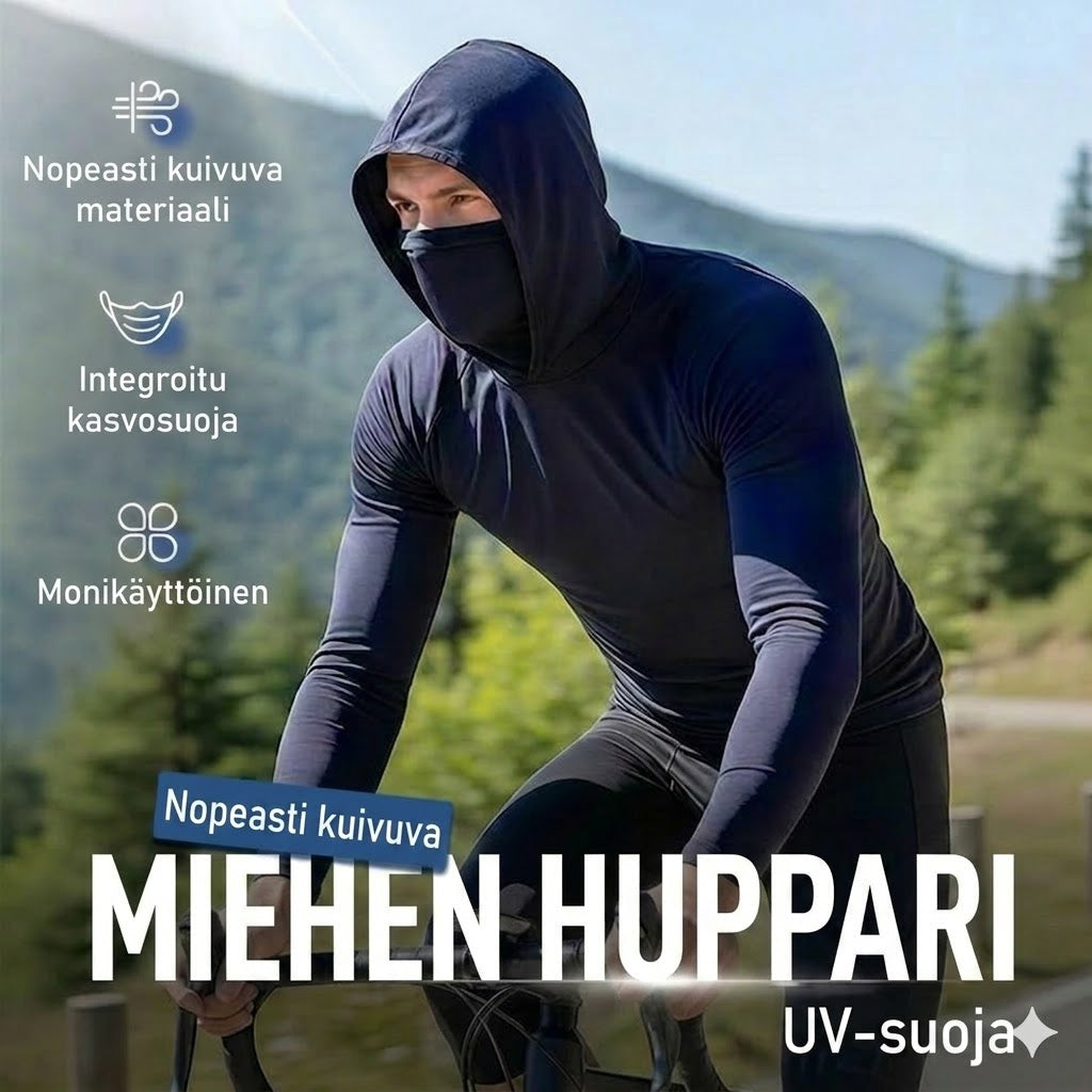 UV-suojattu aurinkosuojahuppari kasvomaskilla