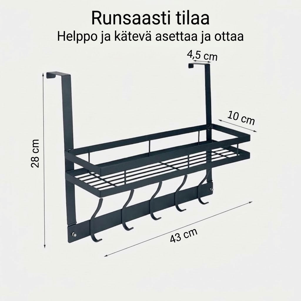 VaraLiving™ Oveen Ripustettava Ovihylly (Poraamaton Säilytyskori- & Koukkujärjestelijä)