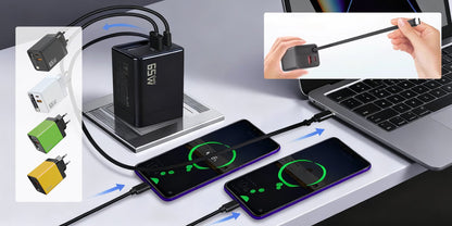 VaraLiving™ 65W GaN Sisäänvedettävä Pikalaturi (3-in-1 Monitoimilaturi)