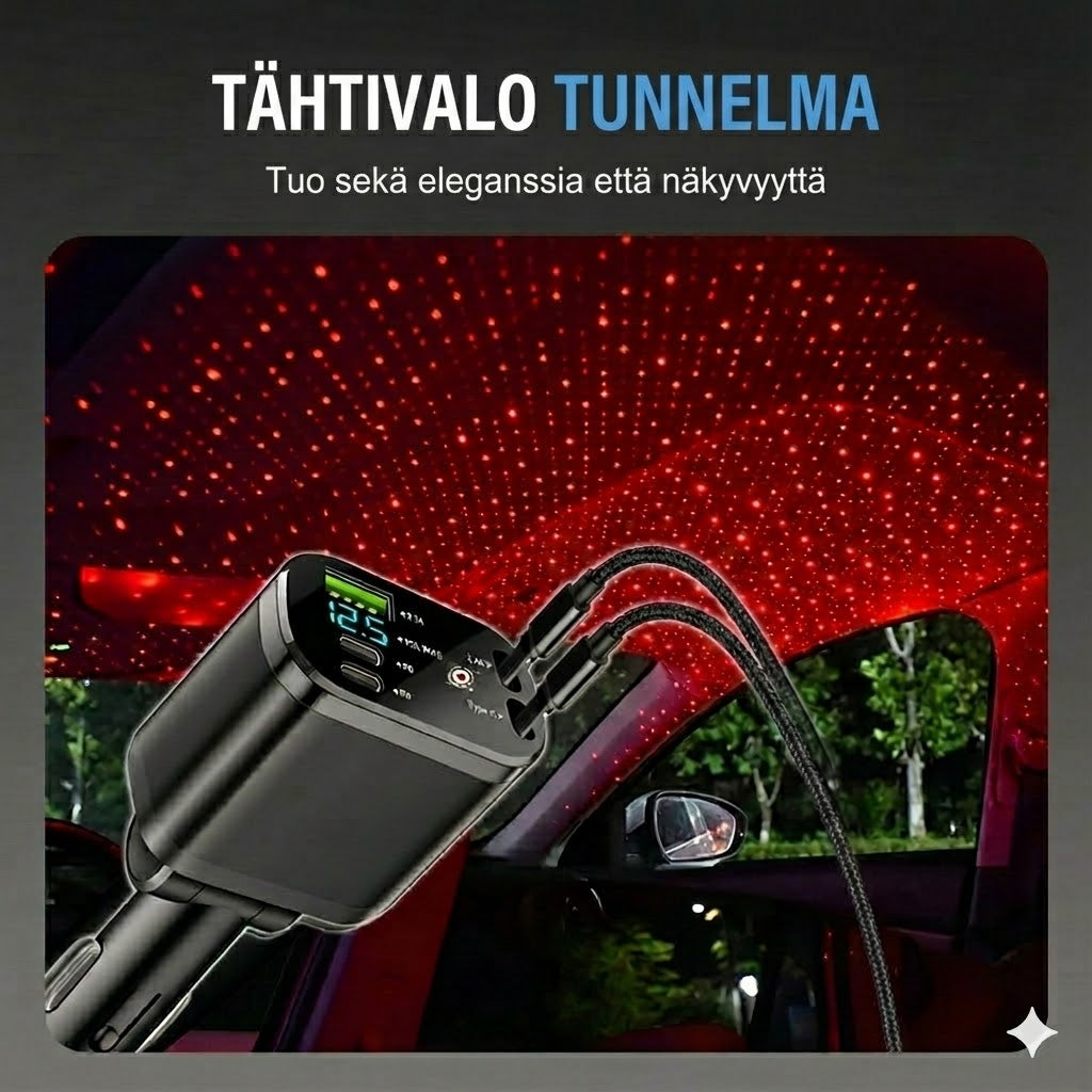 Päivitetty 5-in-1 autolaturi sisäänkelautuvilla kaapeleilla & tähtitaivasvalolla