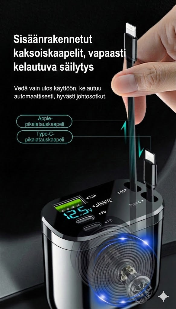 Päivitetty 5-in-1 autolaturi sisäänkelautuvilla kaapeleilla & tähtitaivasvalolla