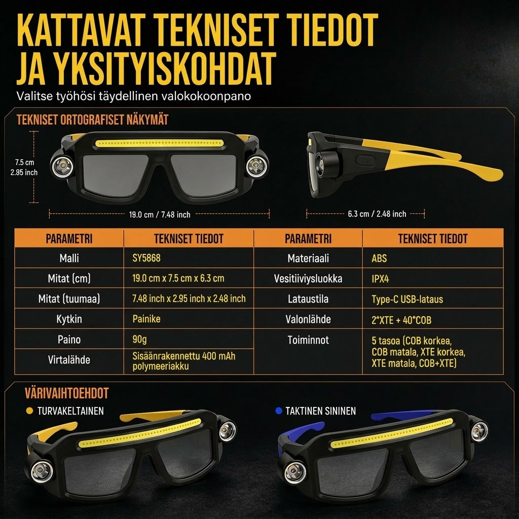 VaraLiving™ Ladattava LED-Otsalamppu Suojalaseilla (5 Valotilaa & Liikesensori - Vedenpitävä)
