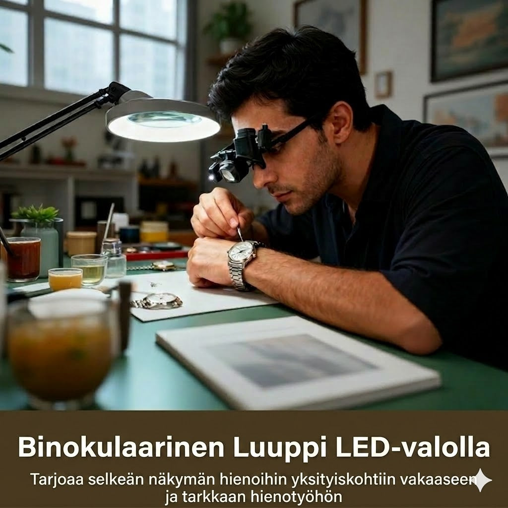 Tarkkuussuurennuslasi LED-valolla (handsfree, vaihtolinssit)