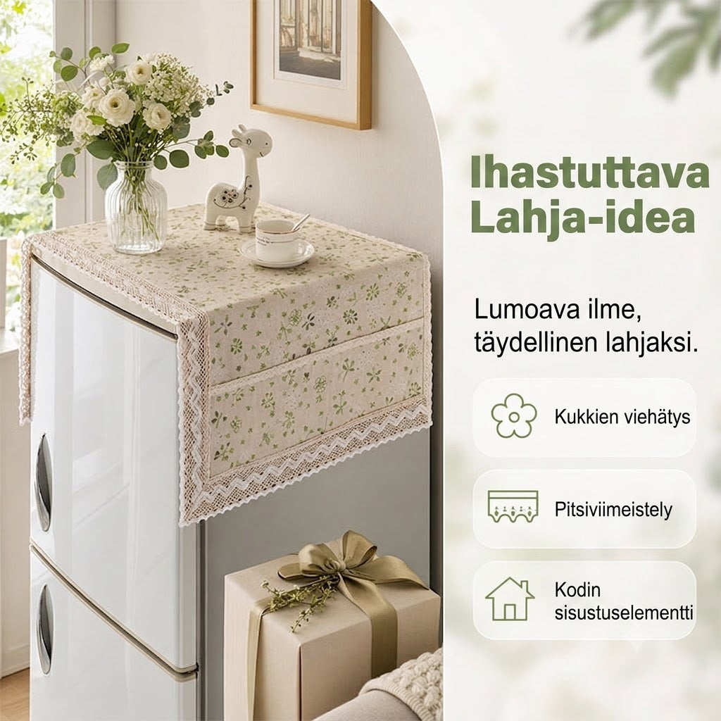 Puuvillapellavainen jääkaapin pölysuoja taskuilla – Viimeinen tarjouspäivä
