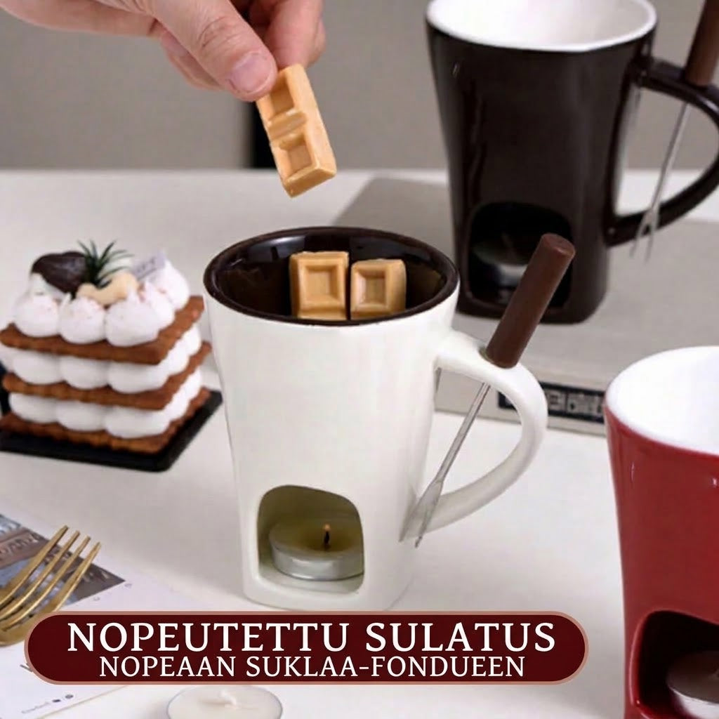 VaraLiving™ Keraaminen Suklaafondue-muki ja Haarukka (Suklaansulatin Hedelmille & Herkuille)