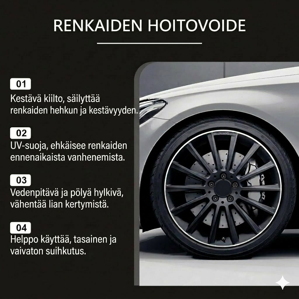 Premium-renkaankiilloke & hoitovaha – palauttaa renkaiden syvän mustan sävyn