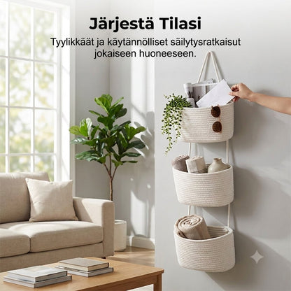 Kolmitasoinen seinähylly köysillä – Boheemi ja tilaa säästävä sisustushylly