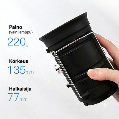 Aurinkokennokäyttöinen ulosvedettävä retkivalaisin – Monitoiminen lyhty ja taskulamppu