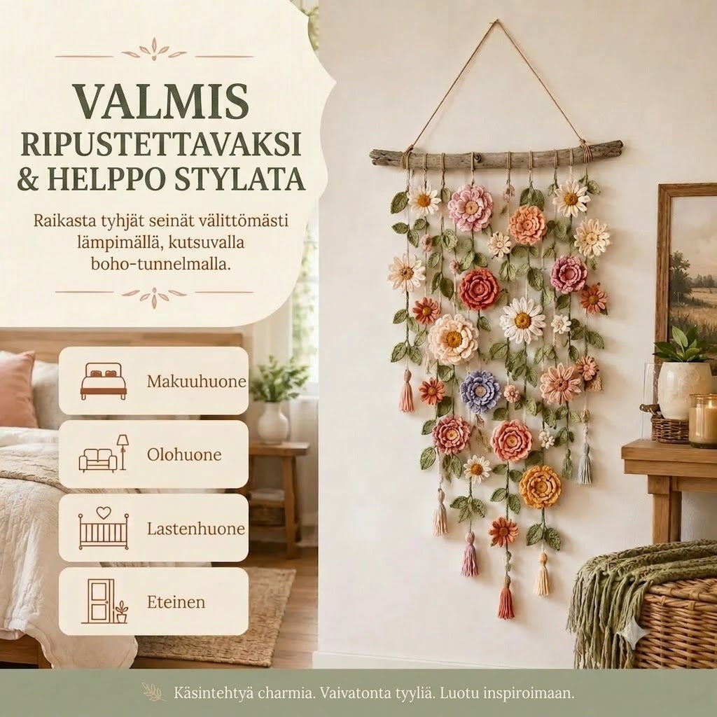 Käsinvirkattu Kukka Seinätekstiili Boho Olohuoneeseen ja Makuuhuoneeseen