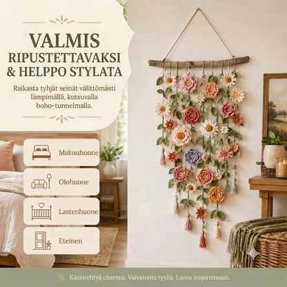 Käsinvirkattu Kukka Seinätekstiili Boho Olohuoneeseen ja Makuuhuoneeseen