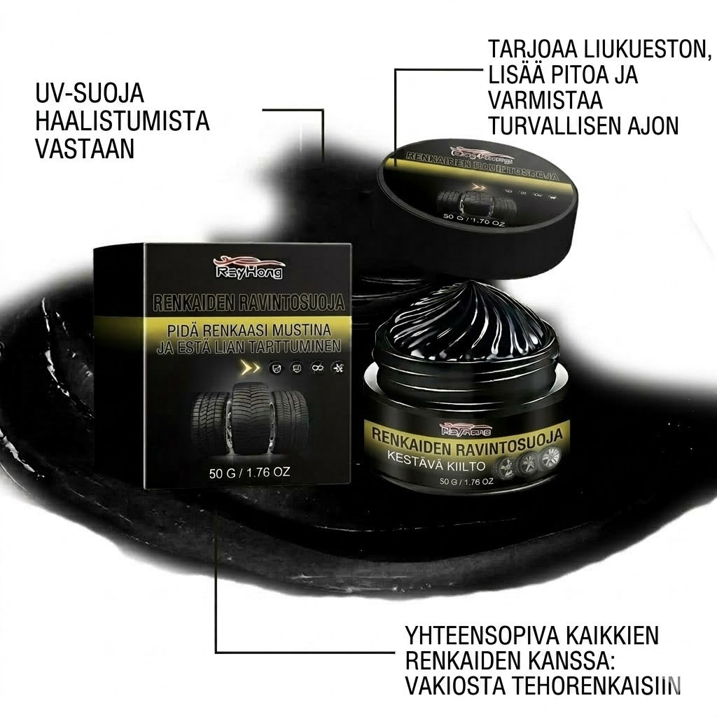Premium-renkaankiilloke & hoitovaha – palauttaa renkaiden syvän mustan sävyn