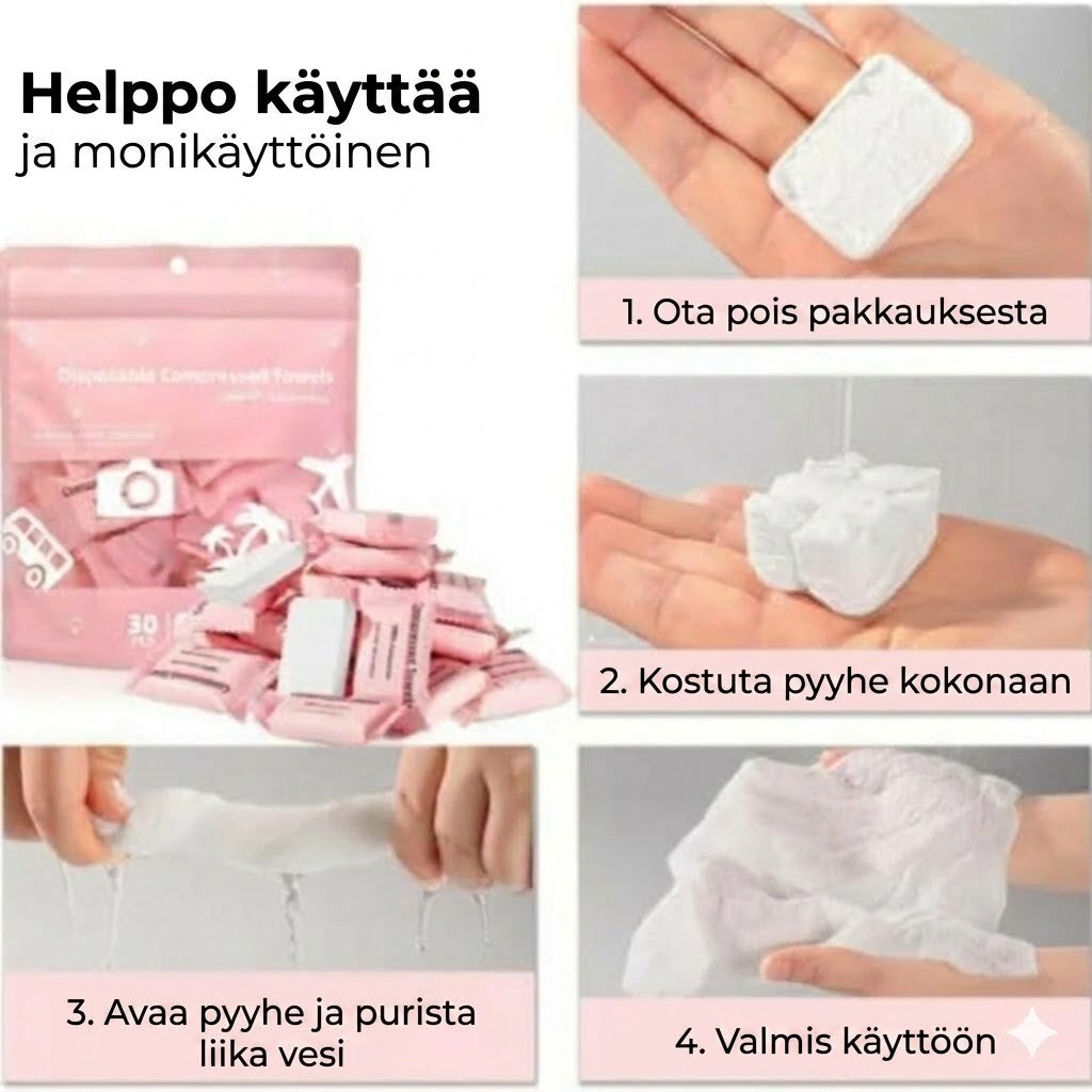 Puristettu puuvillapyyhe – erittäin helppo ottaa mukaan