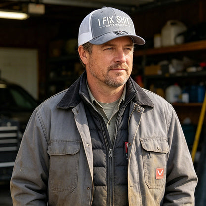 "I Fix Shit" -trucker-lippis – perinteinen rekkakuskin tyyli
