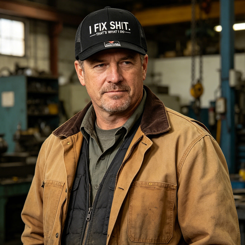 "I Fix Shit" -trucker-lippis – perinteinen rekkakuskin tyyli