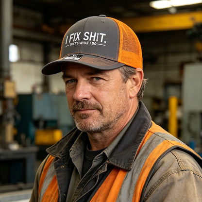 "I Fix Shit" -trucker-lippis – perinteinen rekkakuskin tyyli