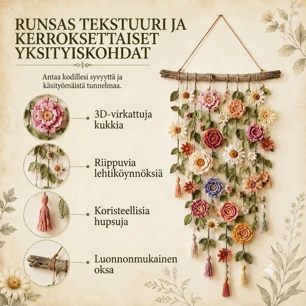 Käsinvirkattu Kukka Seinätekstiili Boho Olohuoneeseen ja Makuuhuoneeseen